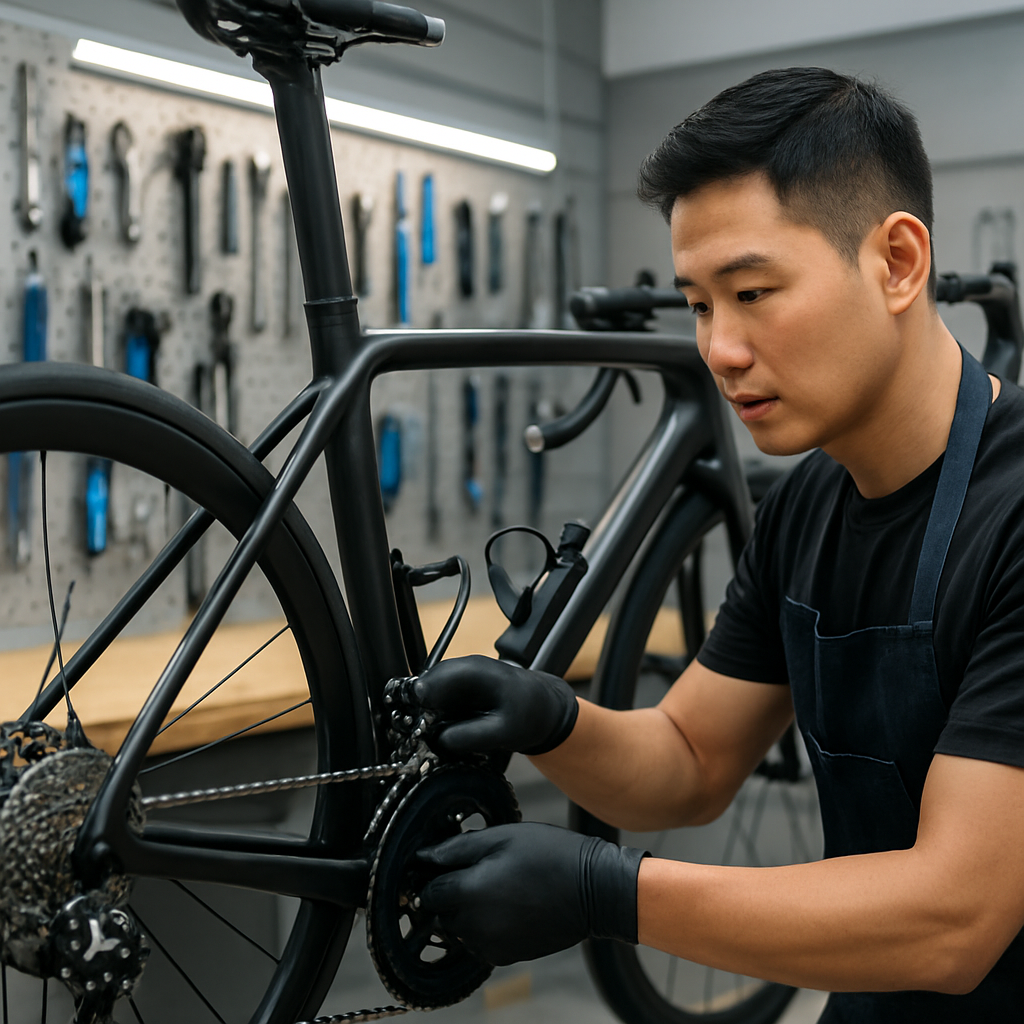 Professional bike repair technician at work